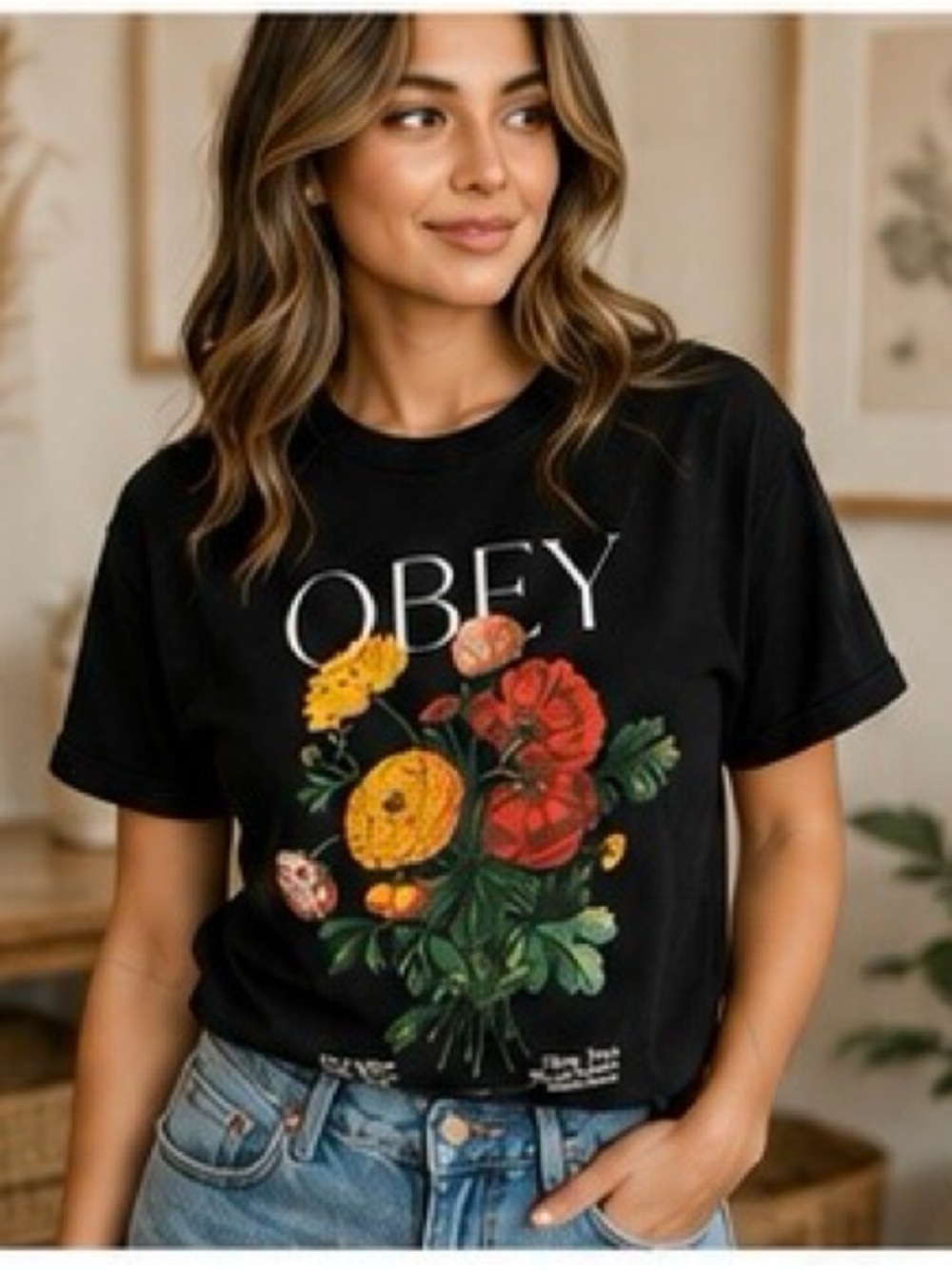 OBEY Floral Graphic Tee - Black Size Small